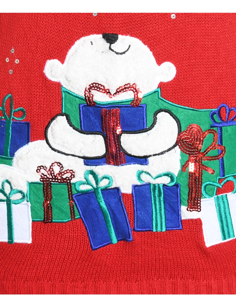 Red & White Polar Bear Design Appliqued Christmas Jumper - M