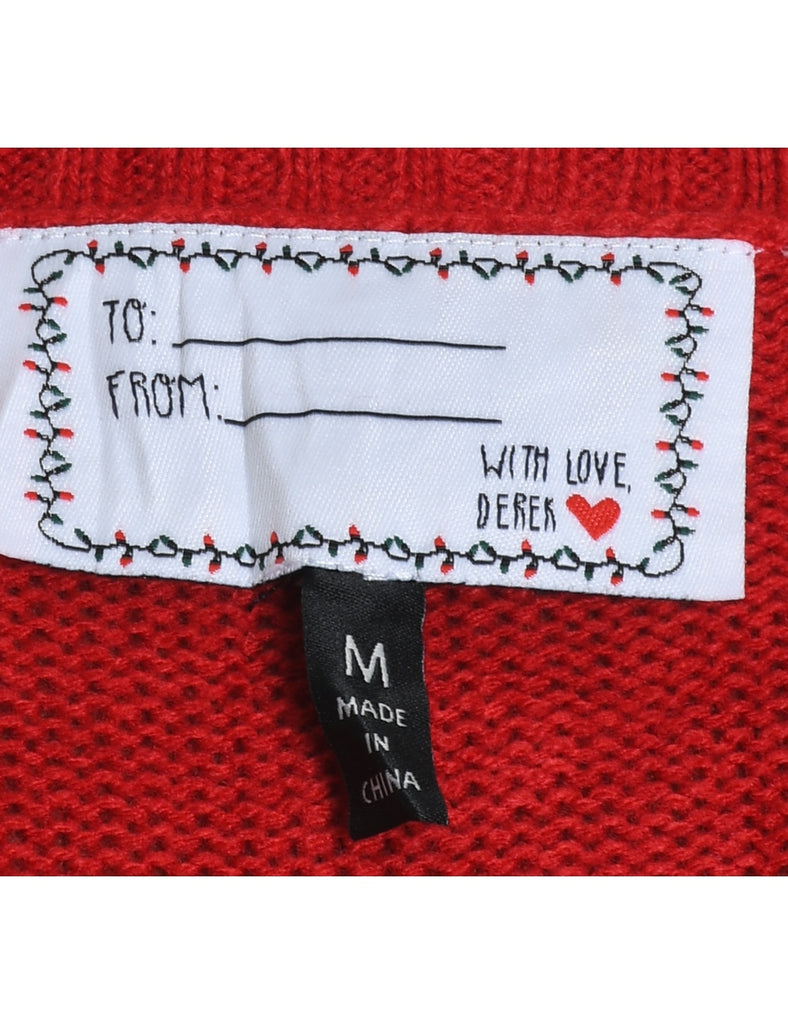 Red & White Polar Bear Design Appliqued Christmas Jumper - M