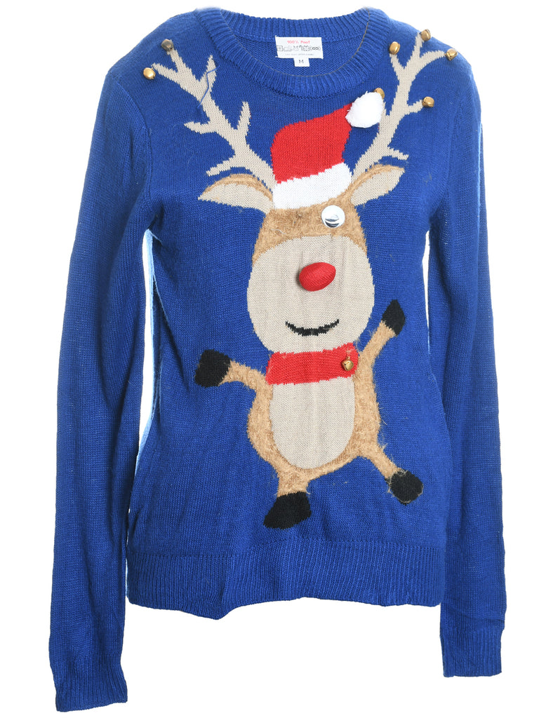 Reindeer Design Blue Knit Christmas Jumper - M