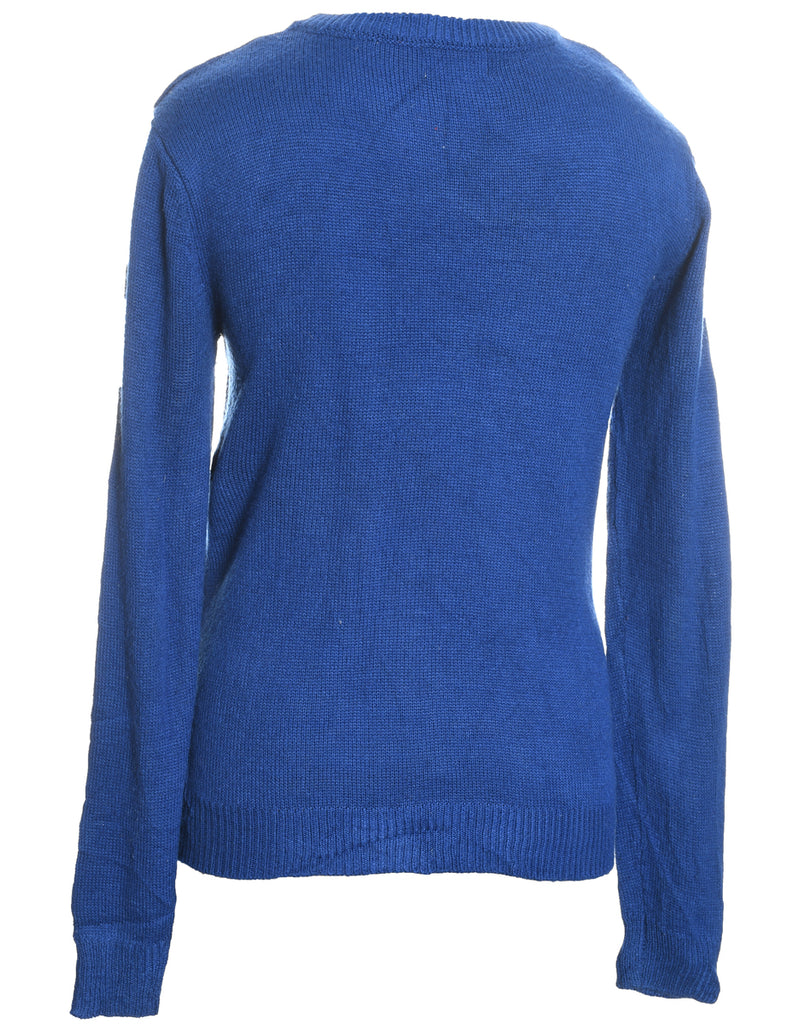 Reindeer Design Blue Knit Christmas Jumper - M