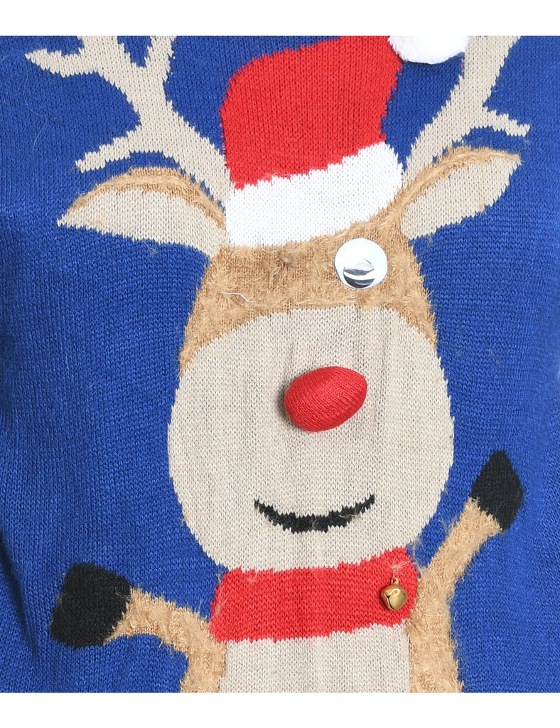 Reindeer Design Blue Knit Christmas Jumper - M