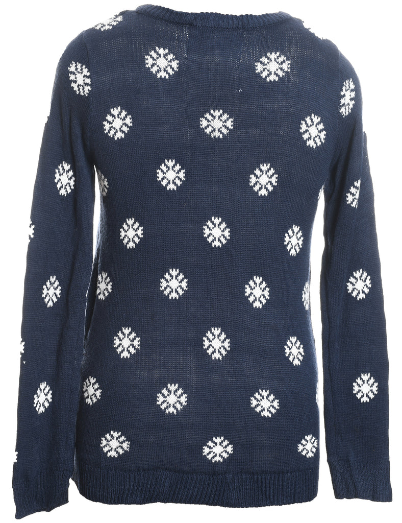 Reindeer Design Navy & White Knit Christmas Jumper - S