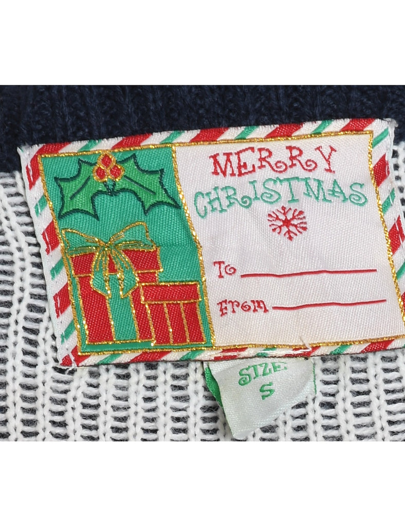 Reindeer Design Navy & White Knit Christmas Jumper - S