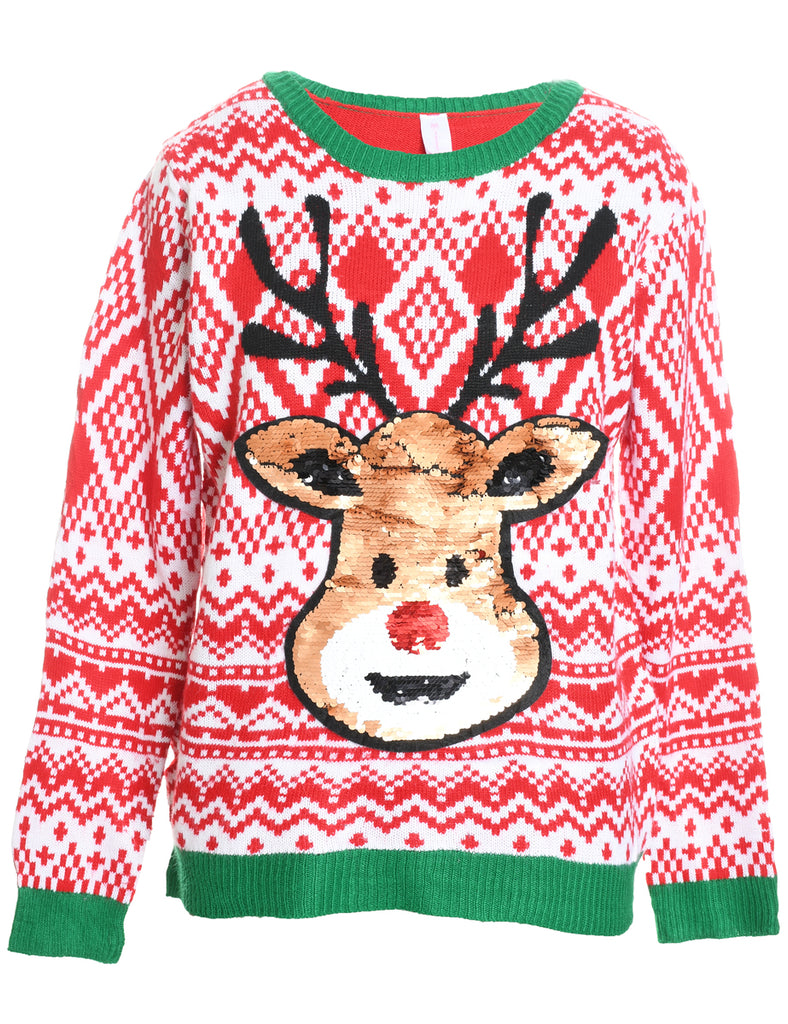 Reindeer Design Red & Green Knit Christmas Jumper - XL