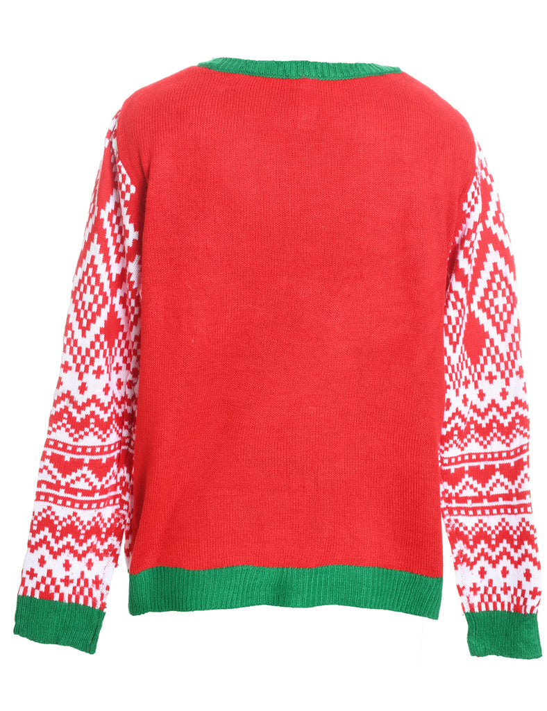 Reindeer Design Red & Green Knit Christmas Jumper - XL