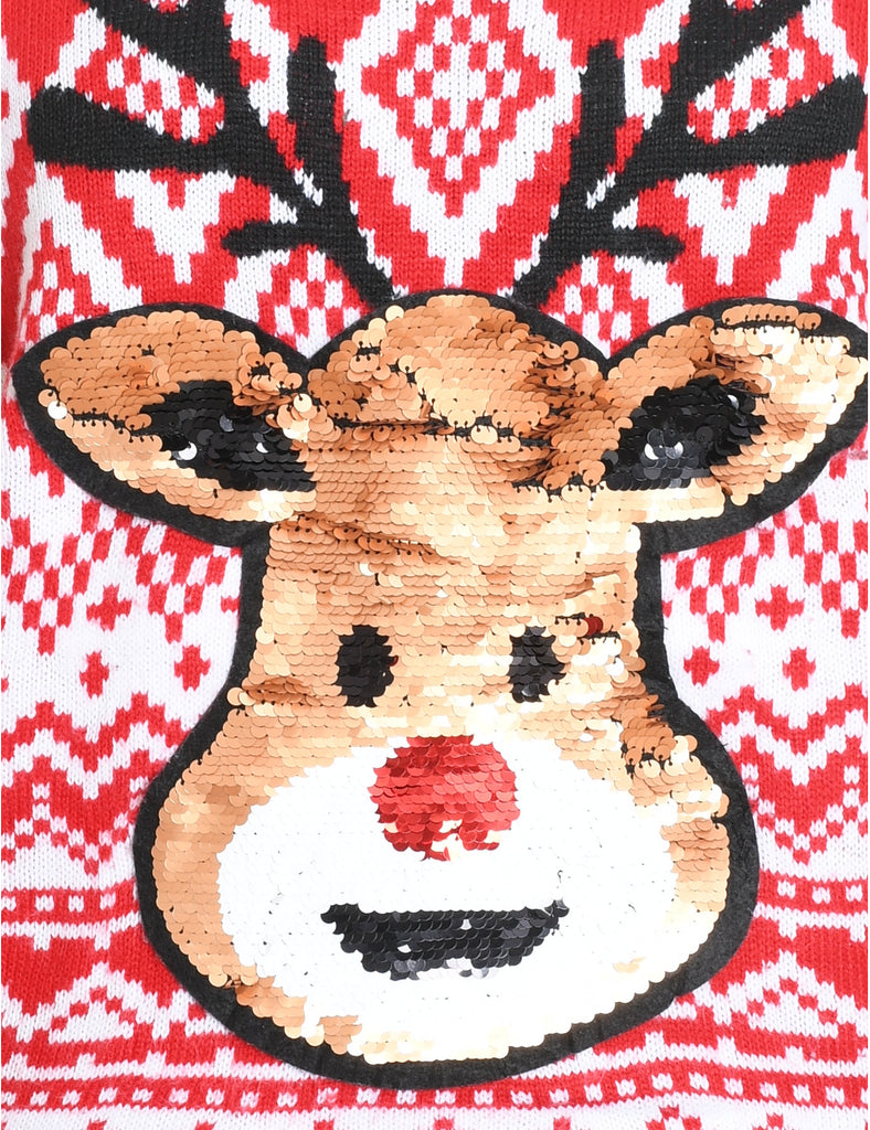 Reindeer Design Red & Green Knit Christmas Jumper - XL