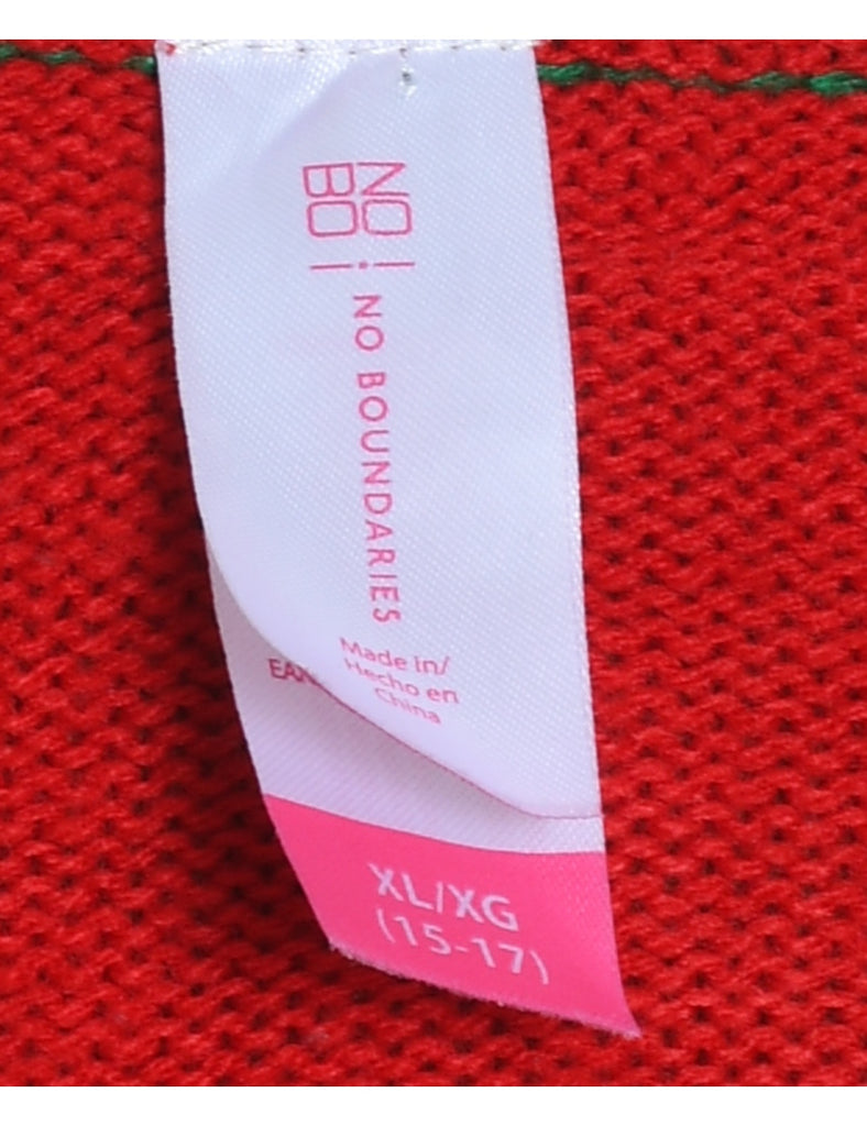 Reindeer Design Red & Green Knit Christmas Jumper - XL