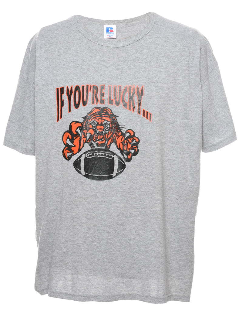Russell Athletic Grey & Orange If You're Lucky Printed T-shirt - XL