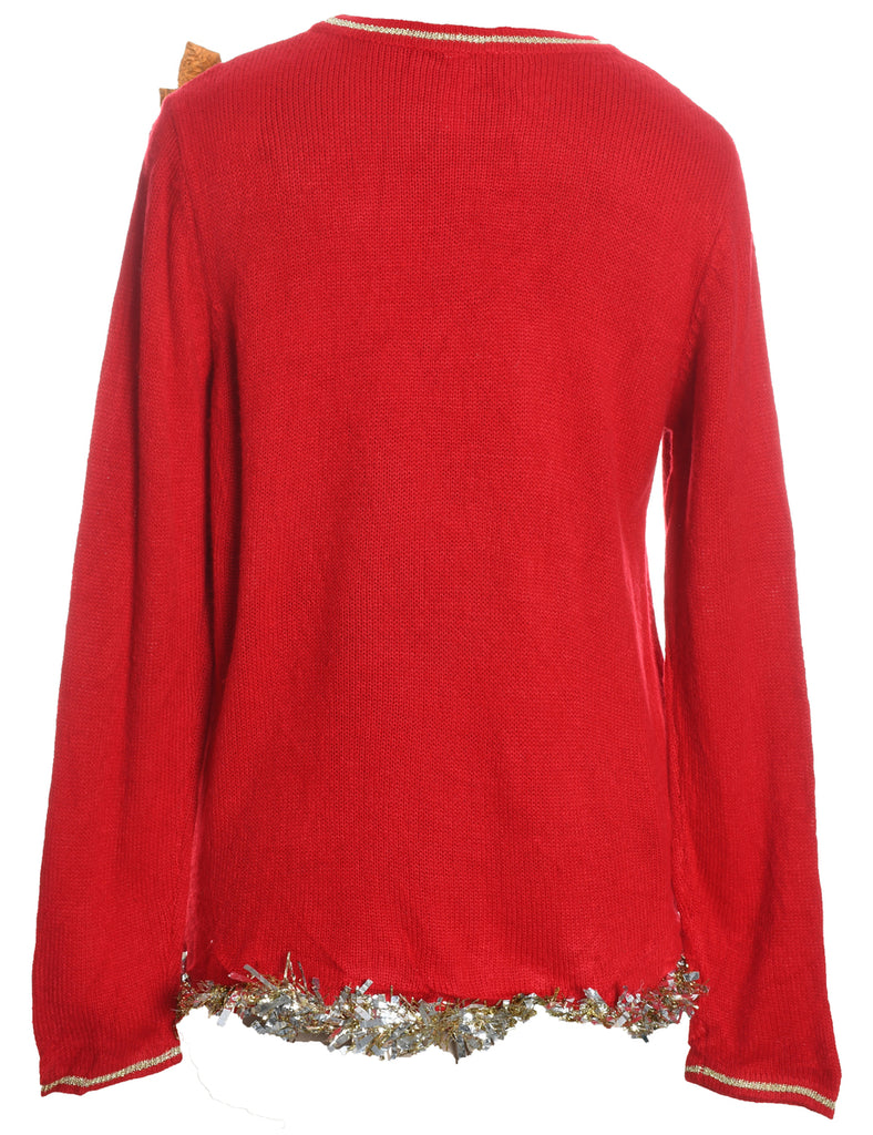 Santa Claus Design Embroidered Knit Christmas Jumper - L