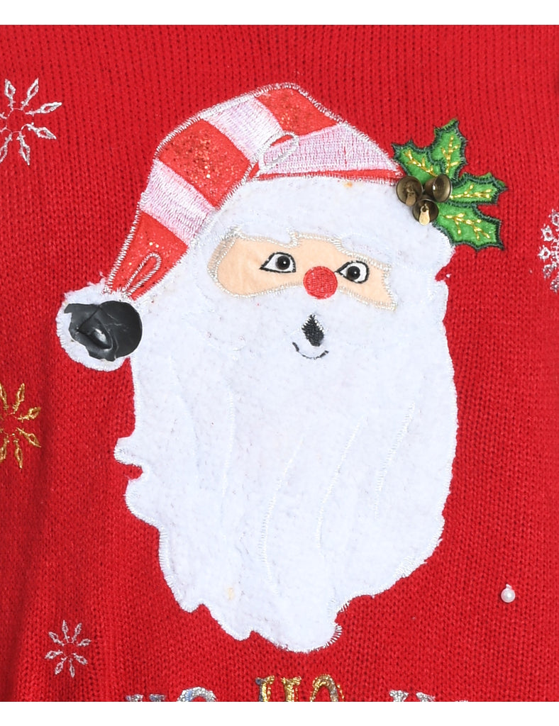 Santa Claus Design Embroidered Knit Christmas Jumper - L