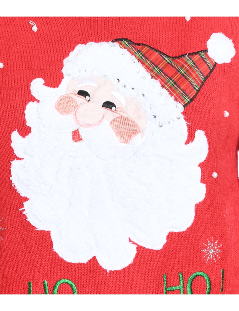 Santa Claus Design Embroidered Red Christmas Jumper - M