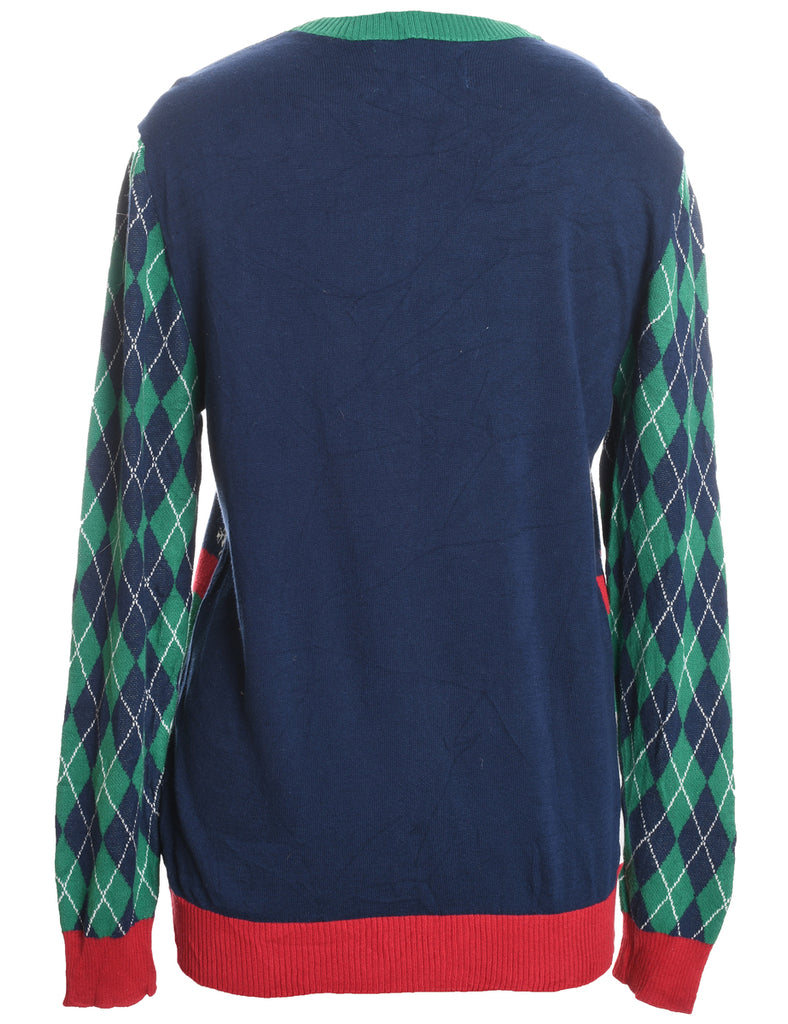 Santa Claus Design Navy & Green Argyle Knit Christmas Jumper - S
