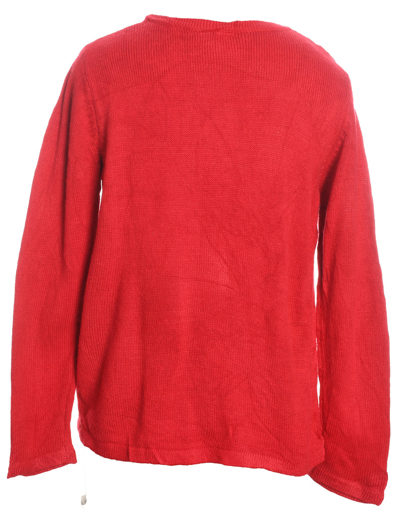 Santa Claus Design Red Embroidered Christmas Jumper - L