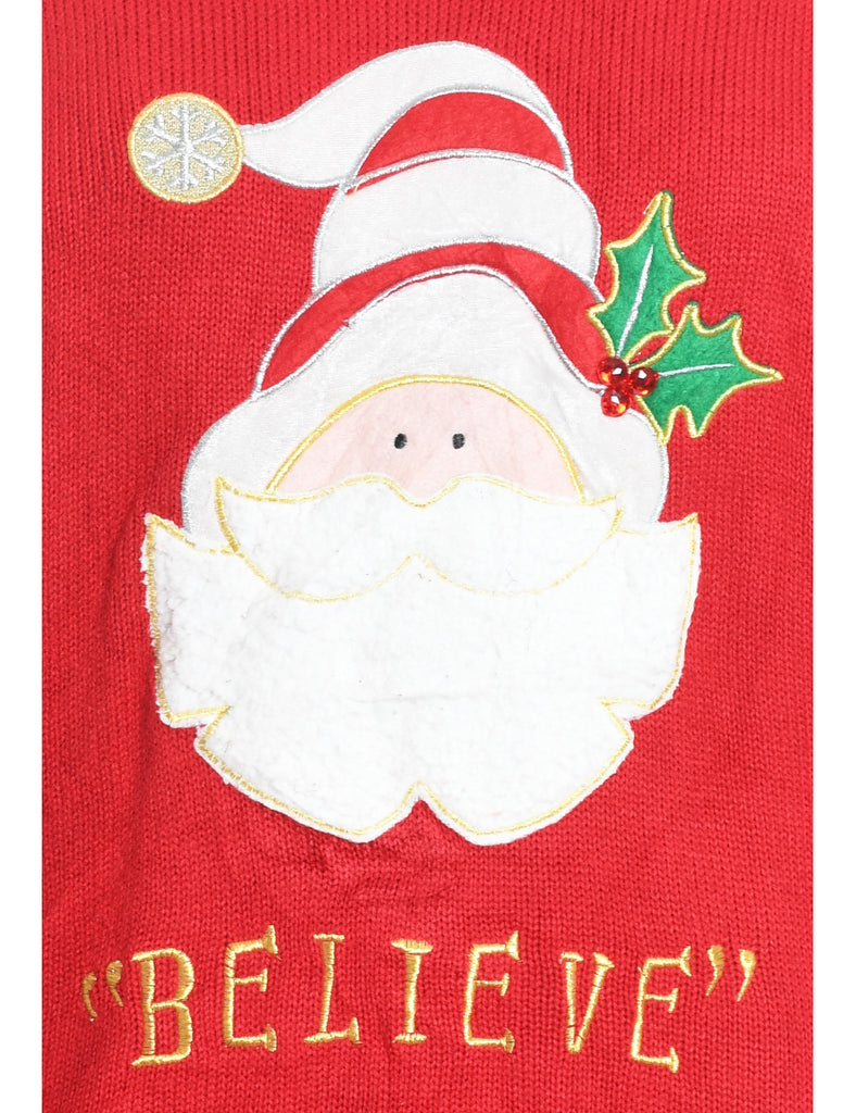 Santa Claus Design Red Embroidered Christmas Jumper - L