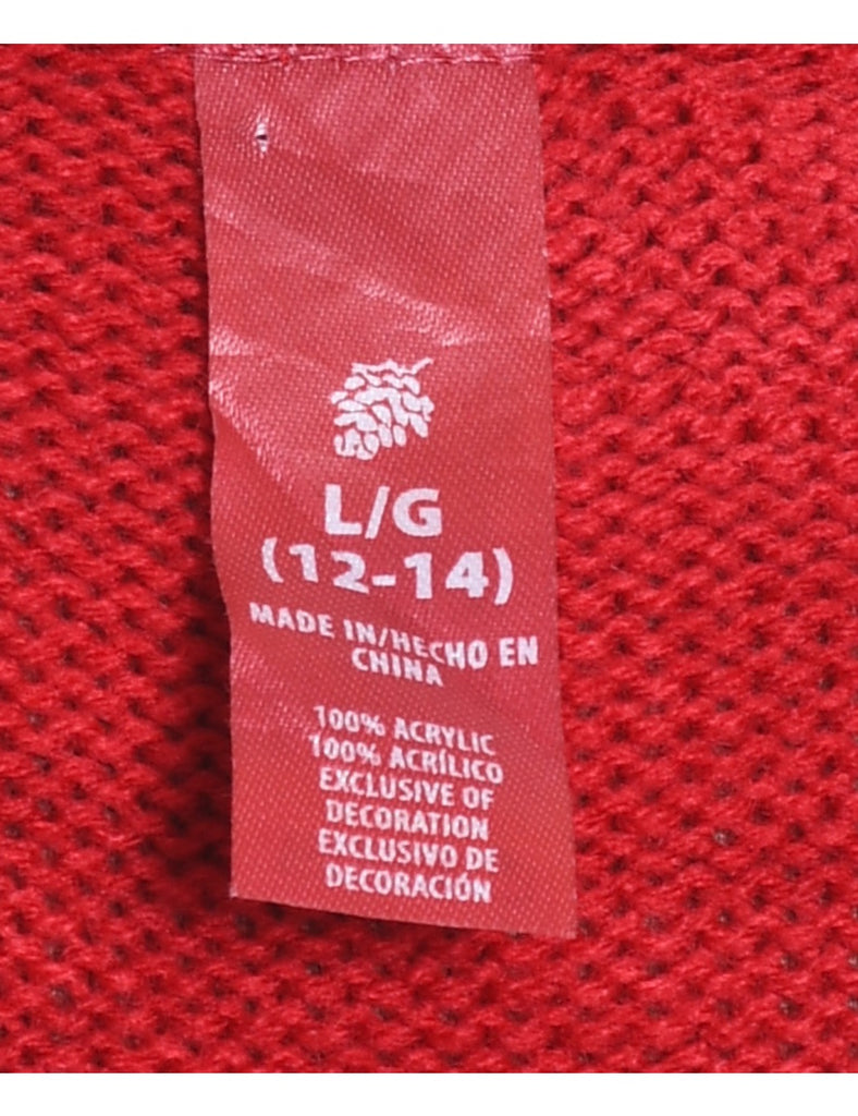 Santa Claus Design Red Embroidered Christmas Jumper - L