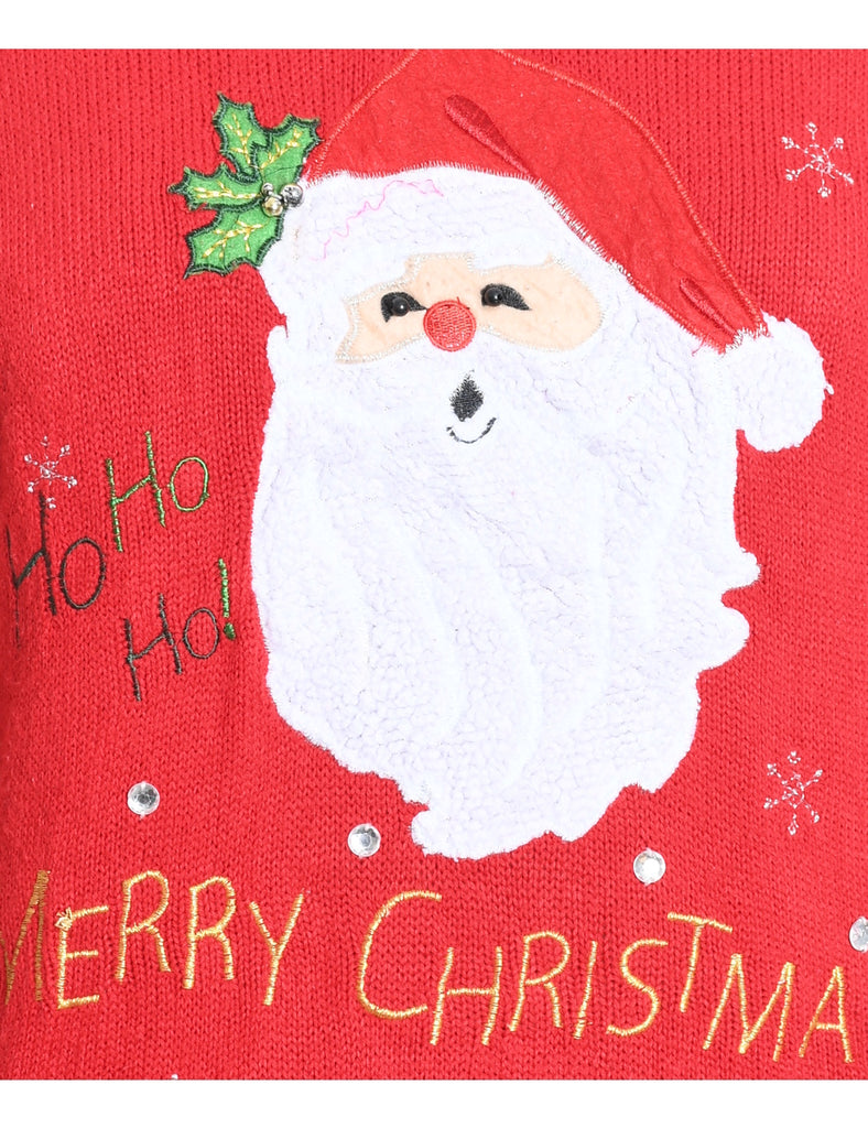 Santa Claus Design Red Embroidered Knit Christmas Jumper - XL