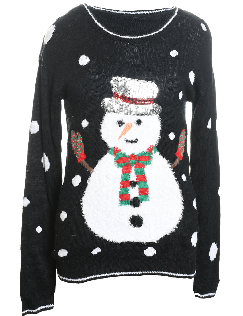 Snowman Design Black Christmas Jumper - M