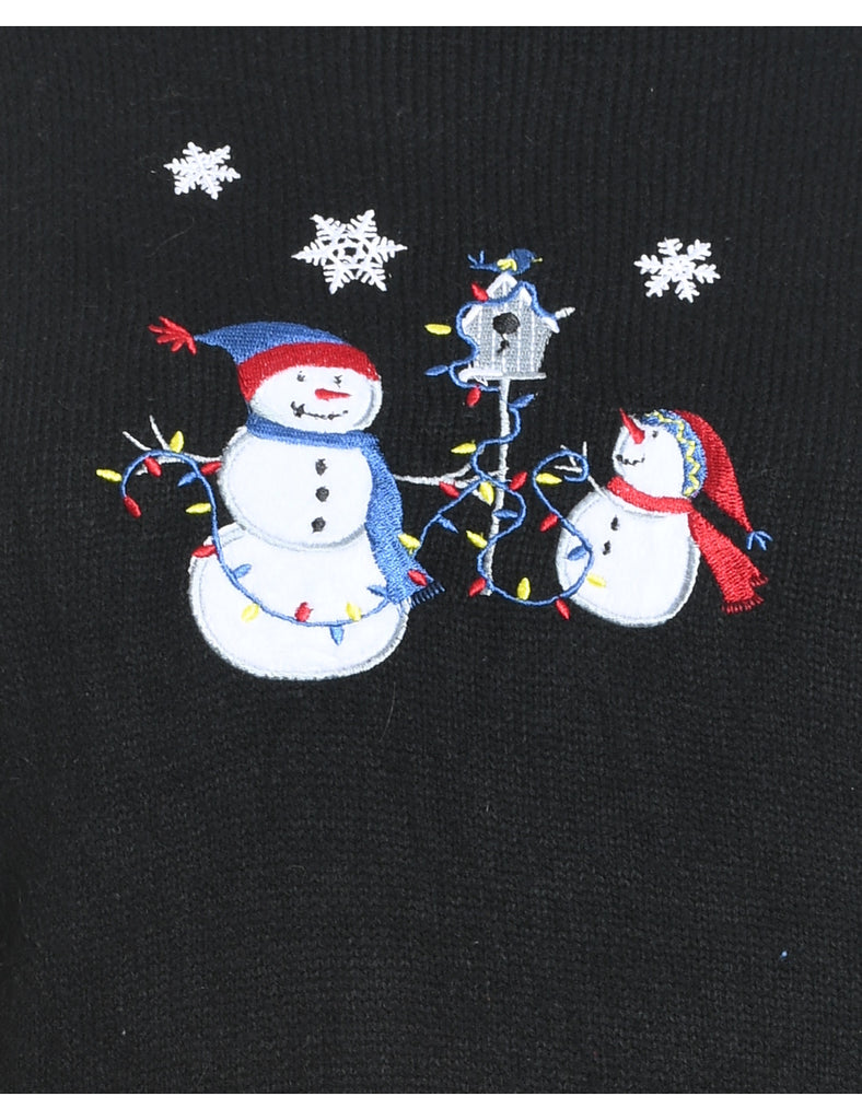 Snowman Design Black Embroidered Knit Christmas Jumper - M