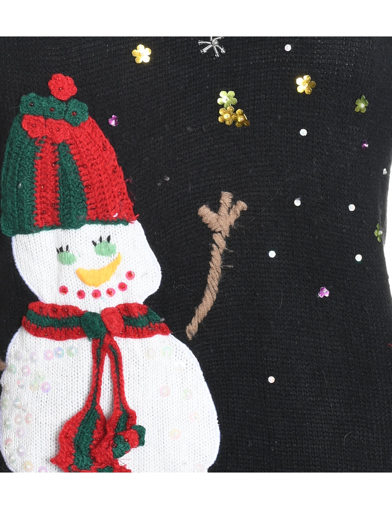 Snowman Design Black Knit Christmas Jumper - M