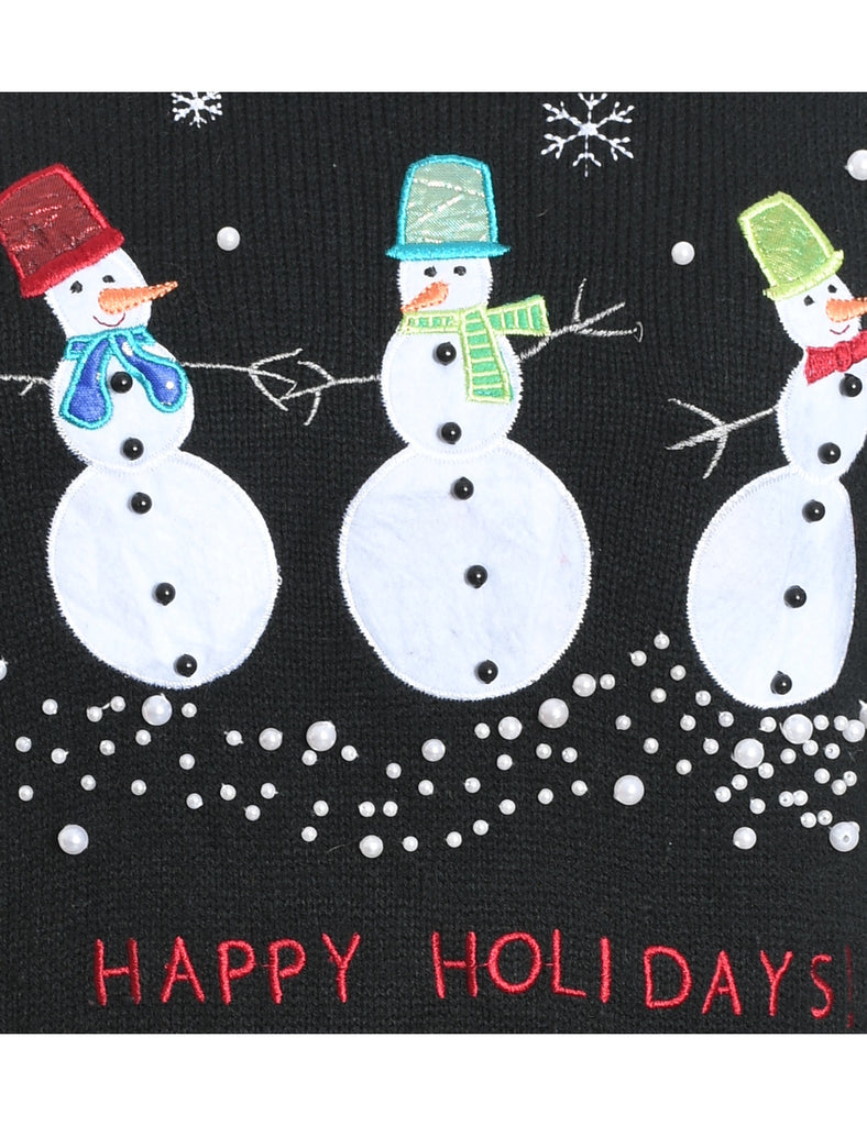 Snowman Design Black Knit Christmas Jumper - M