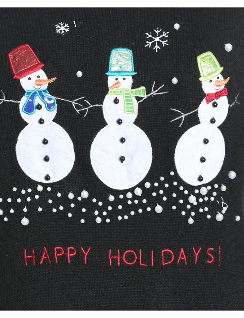 Snowman Design Black Knit Christmas Jumper - S