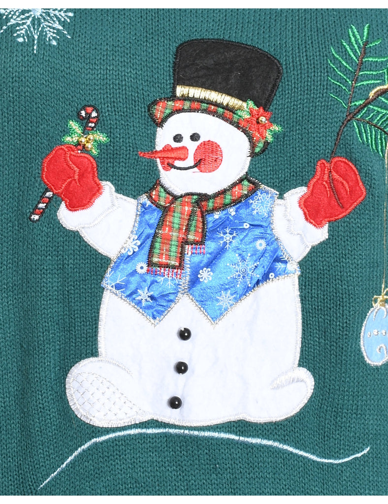 Snowman Design Green Knit Appliqued Christmas Jumper - M
