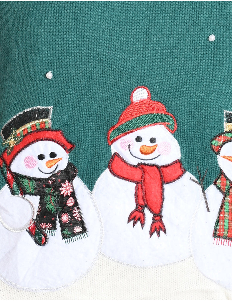 Snowman Design Green Knit Christmas Jumper - S