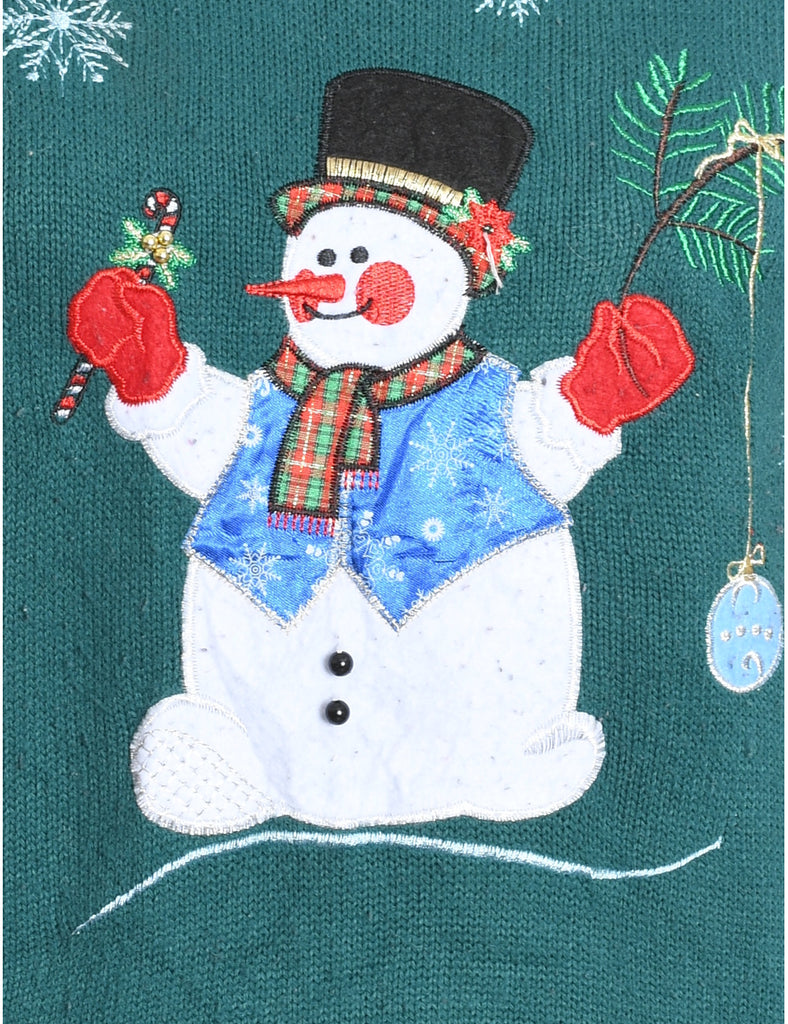 Snowman Design Green Knit Christmas Jumper - M