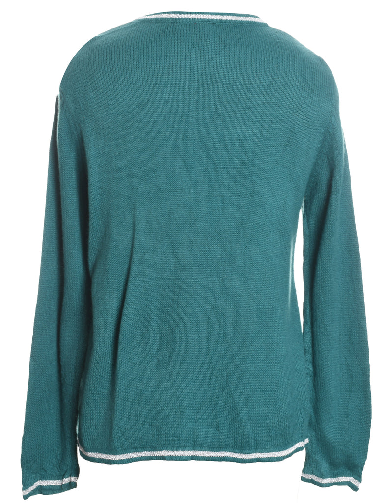 Snowman Design Green Knit Embroidered Christmas Jumper - L