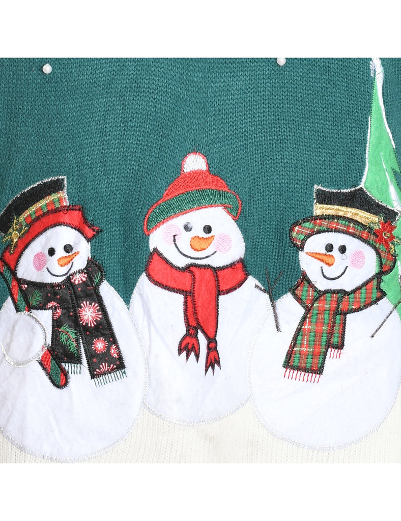 Snowman Design Green Knit Embroidered Christmas Jumper - L