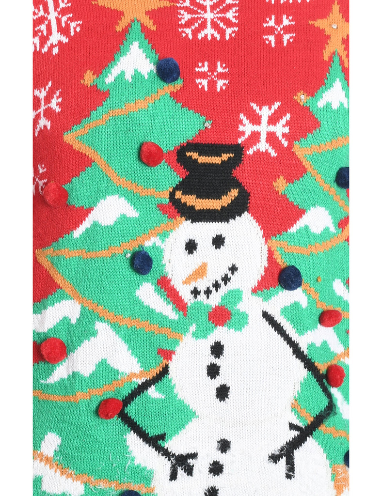 Snowman Design Red, Green & White Jumper - M