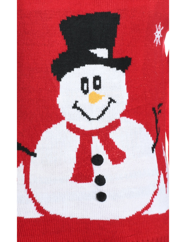 Snowman Design Red Knit Christmas Jumper - L
