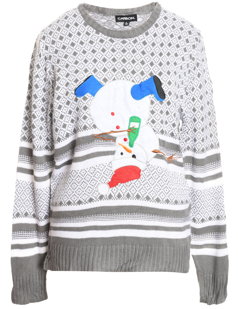 Snowman Design White & Grey Knit Christmas Jumper - L