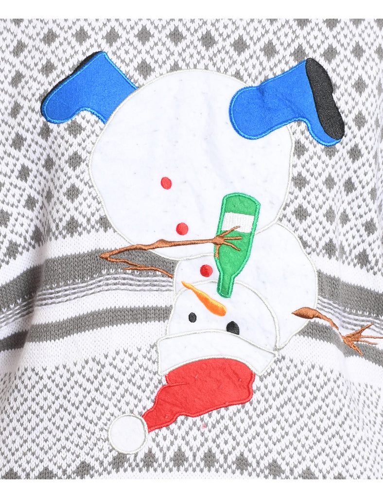 Snowman Design White & Grey Knit Christmas Jumper - L