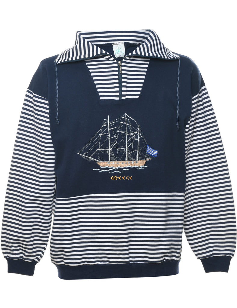 Striped Embroidered Navy & White Sweatshirt - M