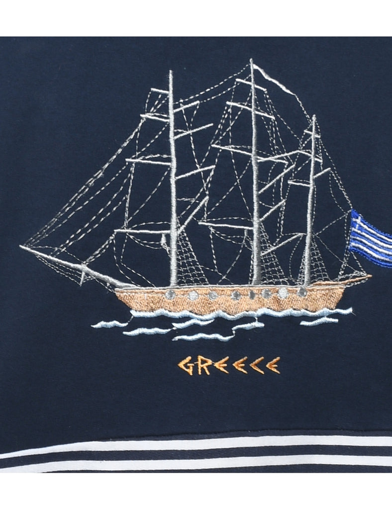 Striped Embroidered Navy & White Sweatshirt - M