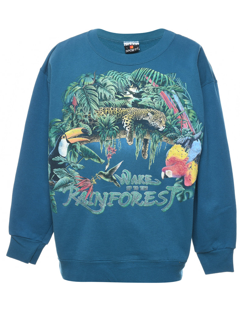 Teal Rain Forest Design Sweatshirt - L
