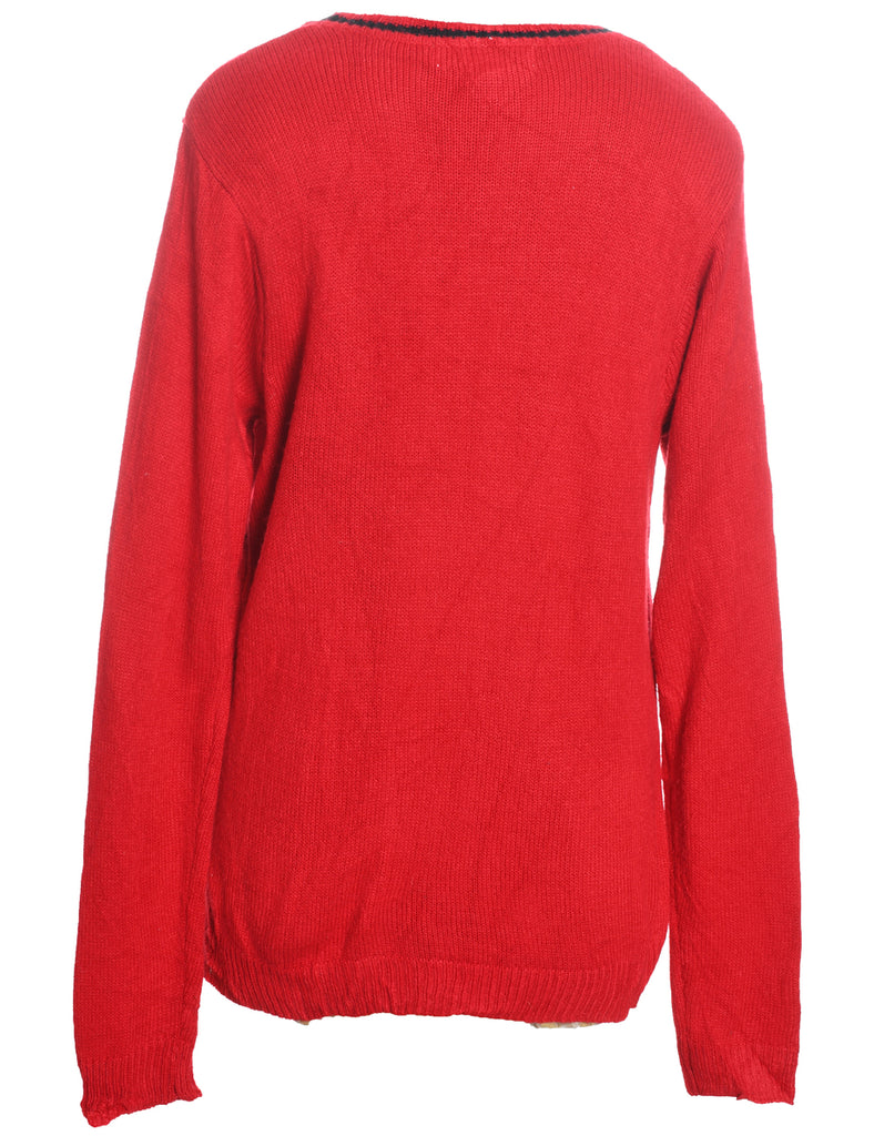 Teddy Bear Design Knit Red Christmas Jumper - M