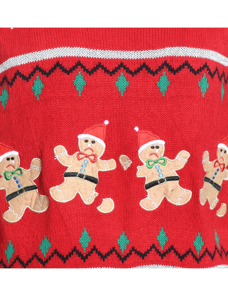 Teddy Bear Design Knit Red Christmas Jumper - M