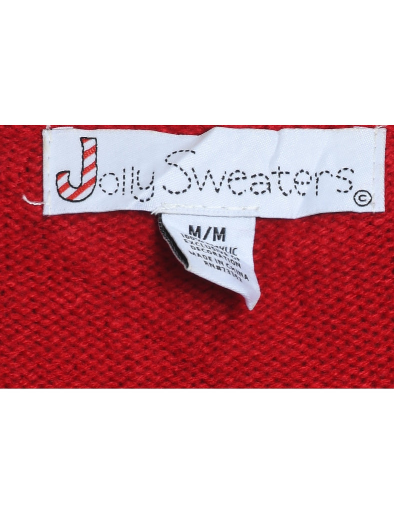 Teddy Bear Design Knit Red Christmas Jumper - M