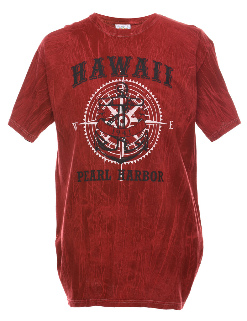 Tie Dye Design Black & Maroon Hawaii Pearl Harbor Printed T-shirt - L