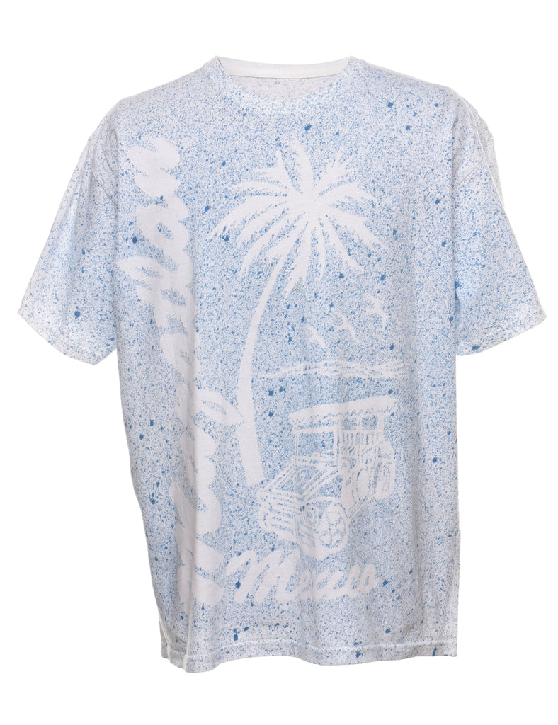 Tie Dye Design Light Blue & White Tropical Printed T-shirt - XL