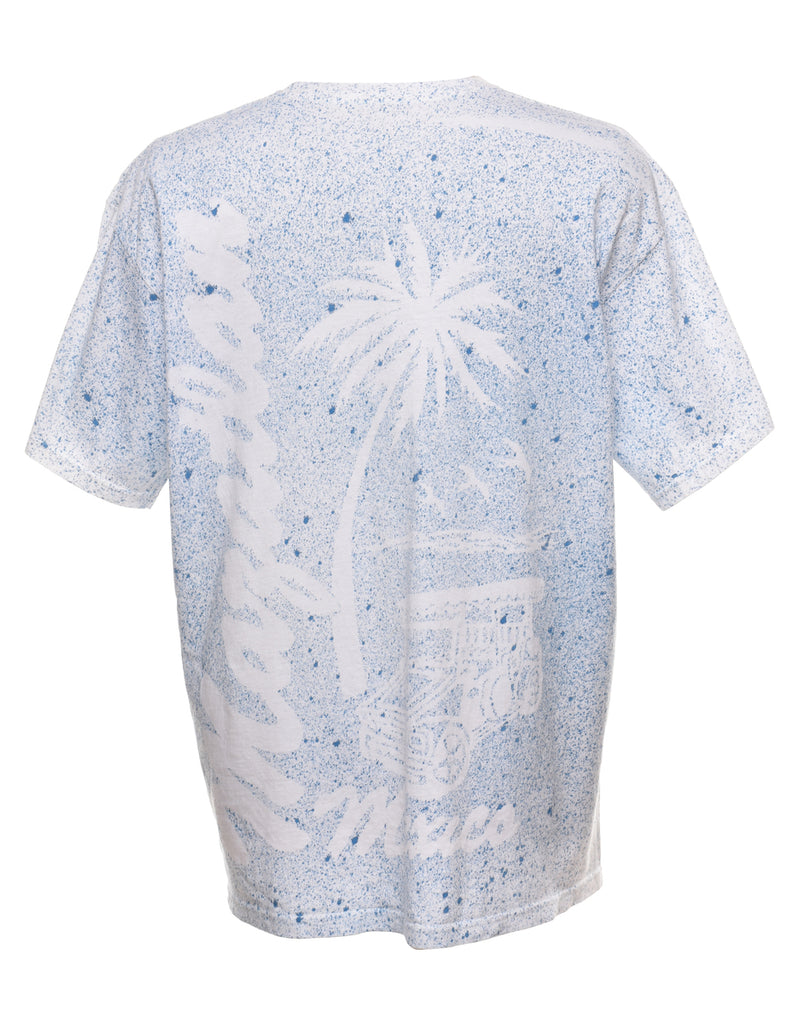Tie Dye Design Light Blue & White Tropical Printed T-shirt - XL