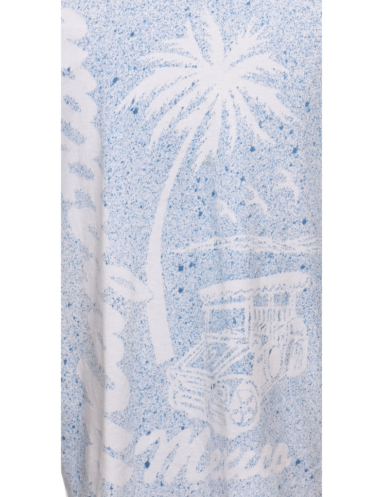 Tie Dye Design Light Blue & White Tropical Printed T-shirt - XL