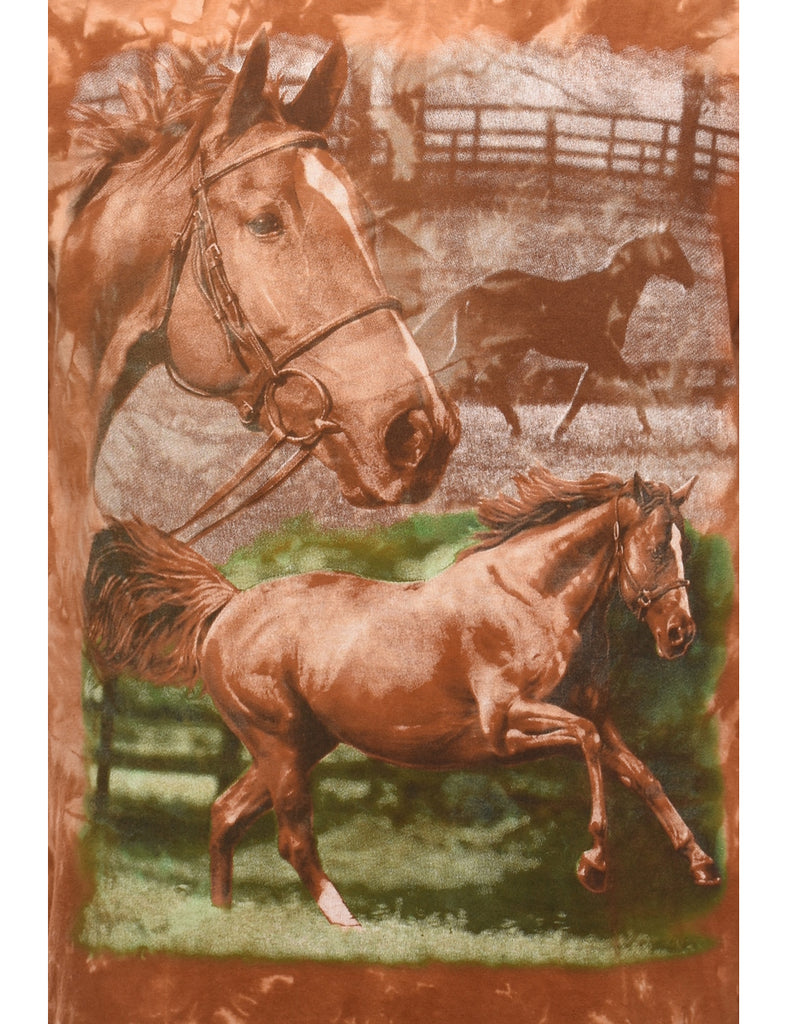 Tie Dye Green & Brown Long Sleeve Horse Design Animal T-shirt - M