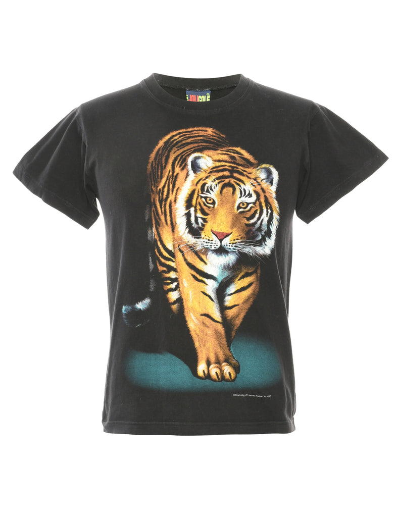 Tiger Design Black Printed T-Shirt  - M
