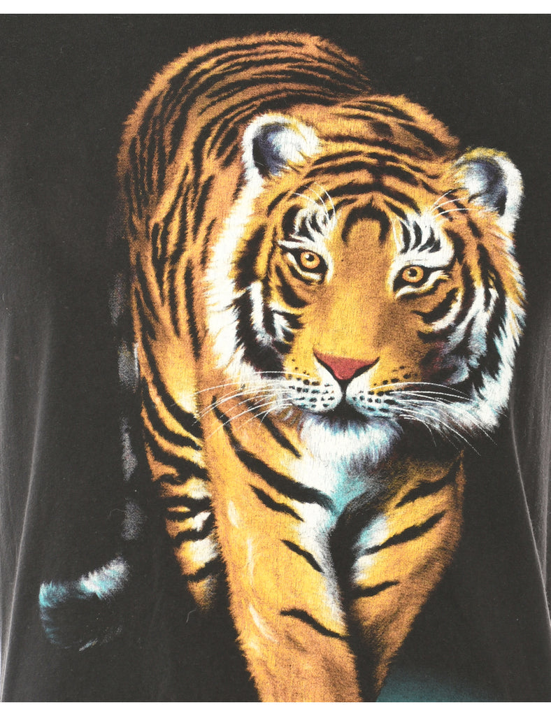 Tiger Design Black Printed T-Shirt  - M