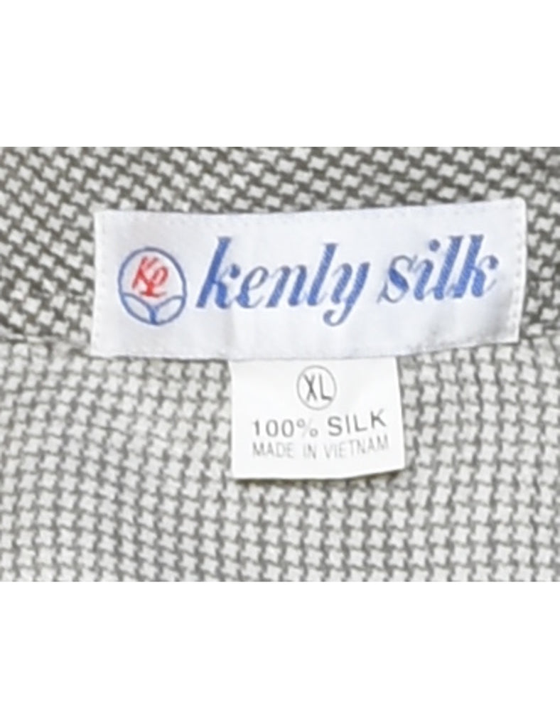 100% Silk Grey & White Dogtooth Shirt - XL