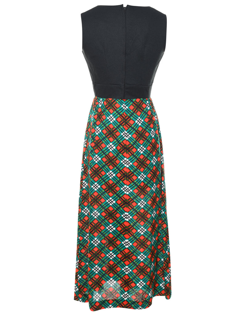 1970s Black, Green & Red Checked Maxi Dress - S