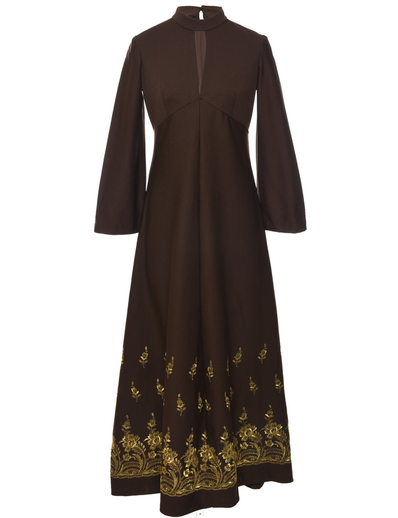 1970s Dark Brown Maxi Dress - S